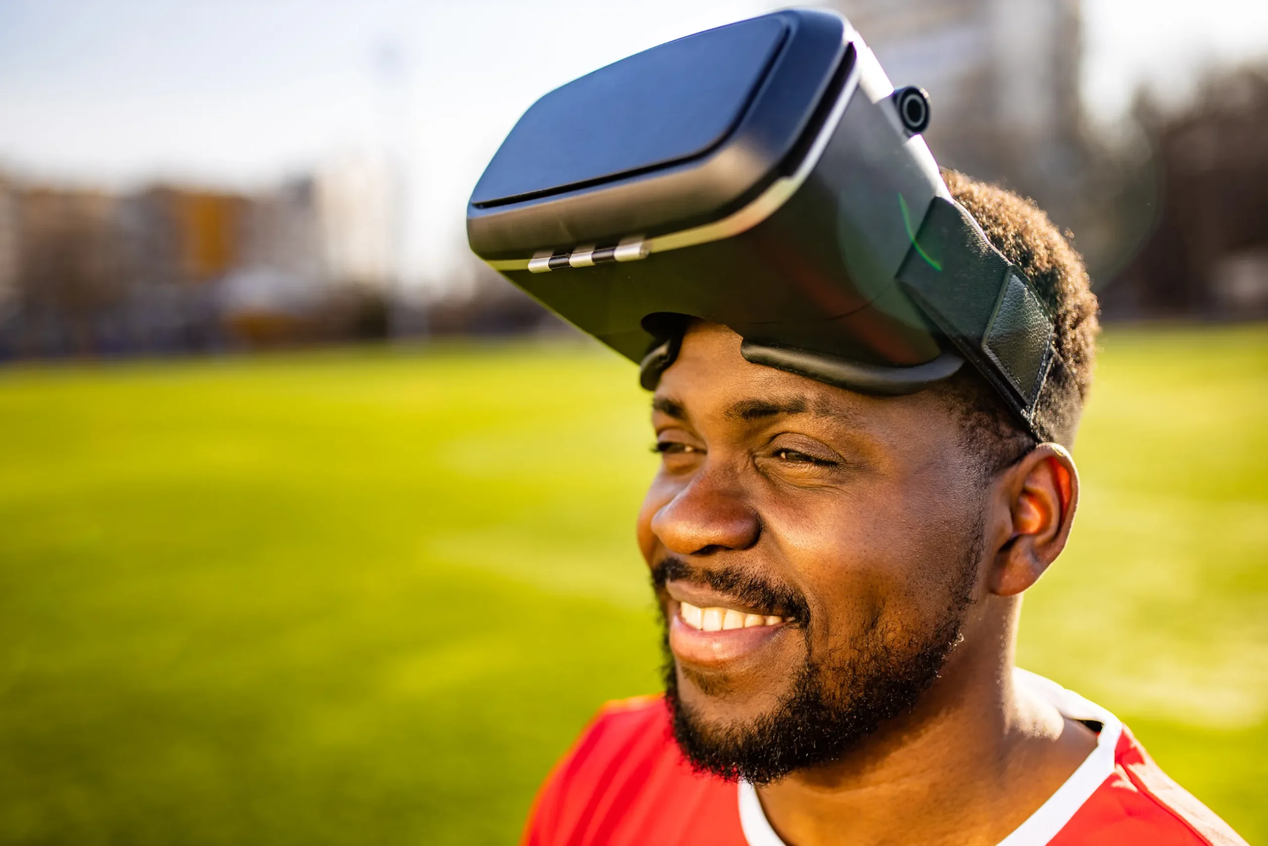 View Products In Immersive 3D: Happy Man witnessing Reality after using VR Head-Set.